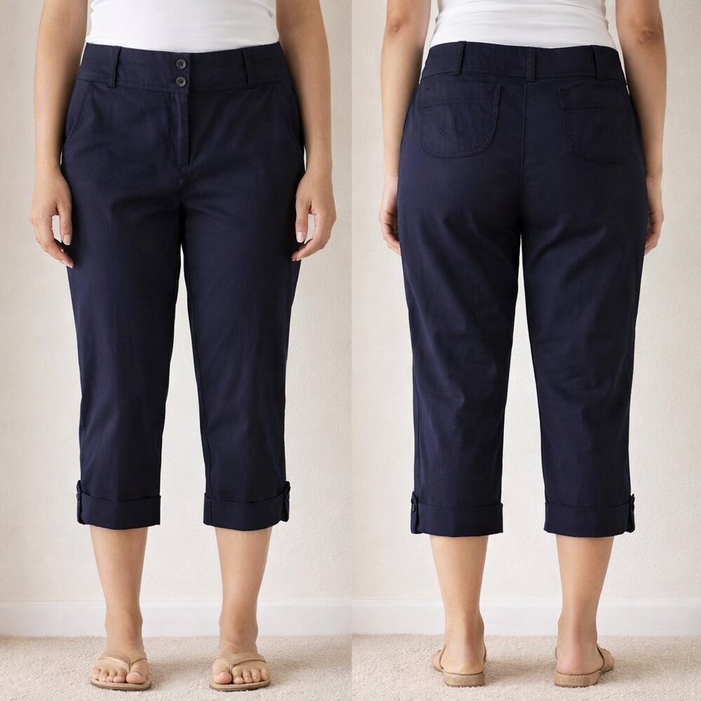 LANDS END Navy Blue Capri Pants Sz 8 100% Cotton Cuffed Hem Classic Tailored Fit